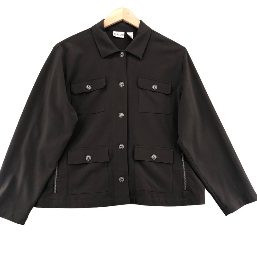Chicos Jacket Womens 2 US Large Brown Button Up Shacket Collared Pocket Stretch